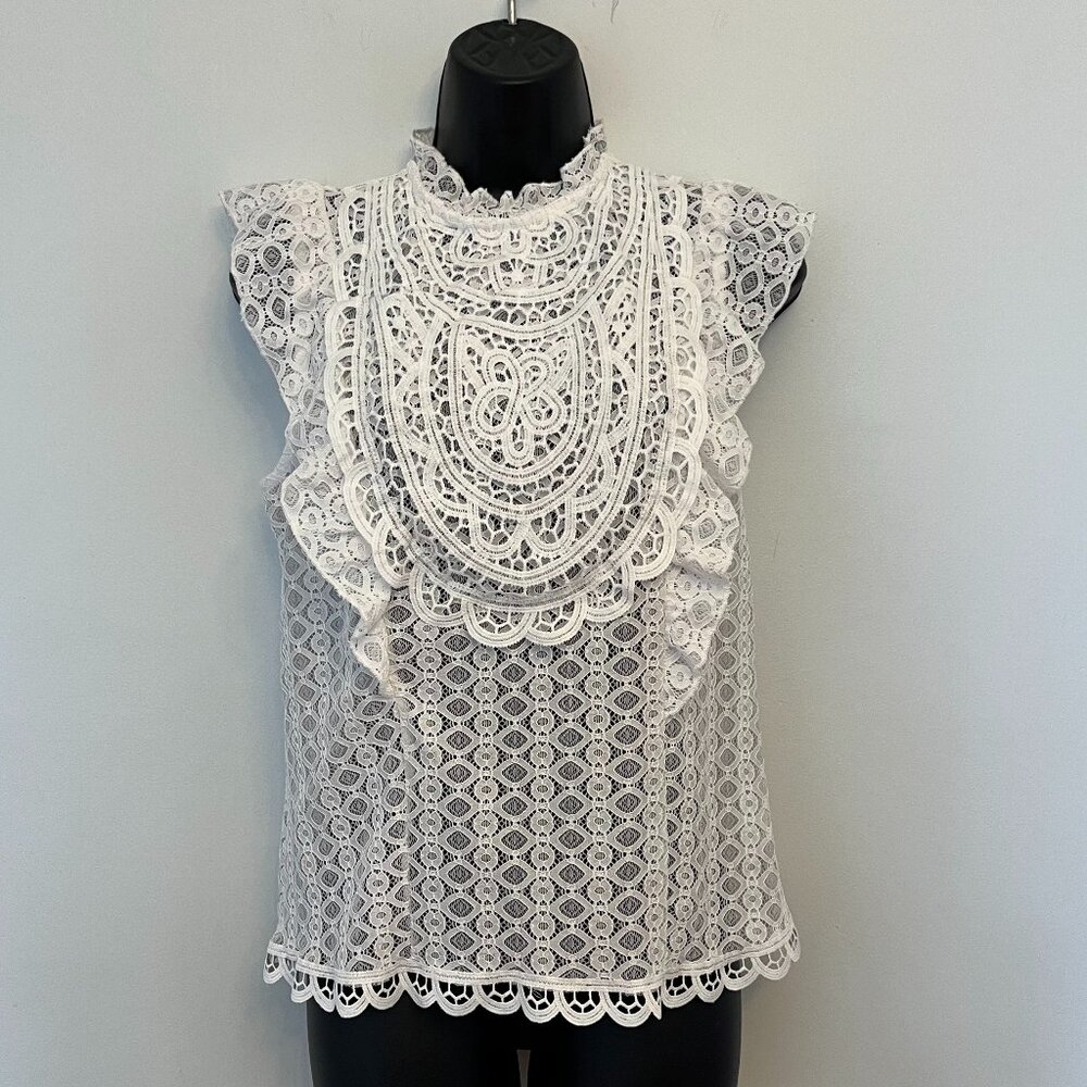 Adiva White Ruffled Lace Top with Cap Sleeves, Size Small